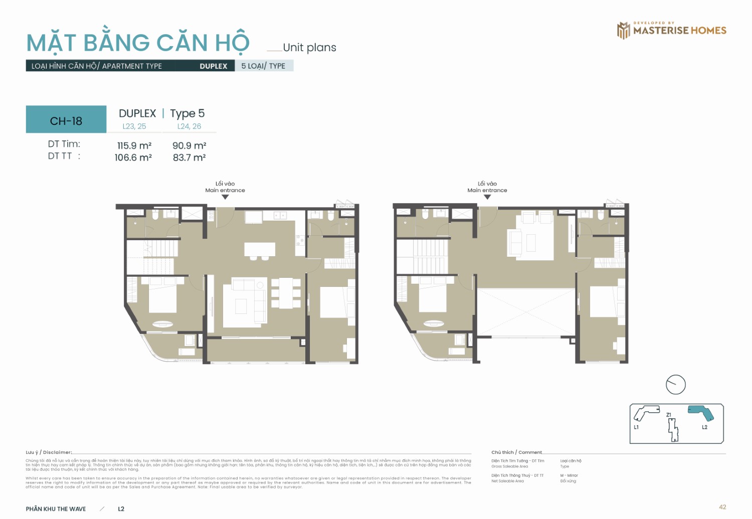 Layout Duplex | Type 5: toà L2 dự án Masteri Grand Coast, Diện tích tim tường từ 90.9 m² - 115.9 m², diện tích thông thủy từ 83.7 m² - 106.6 m².