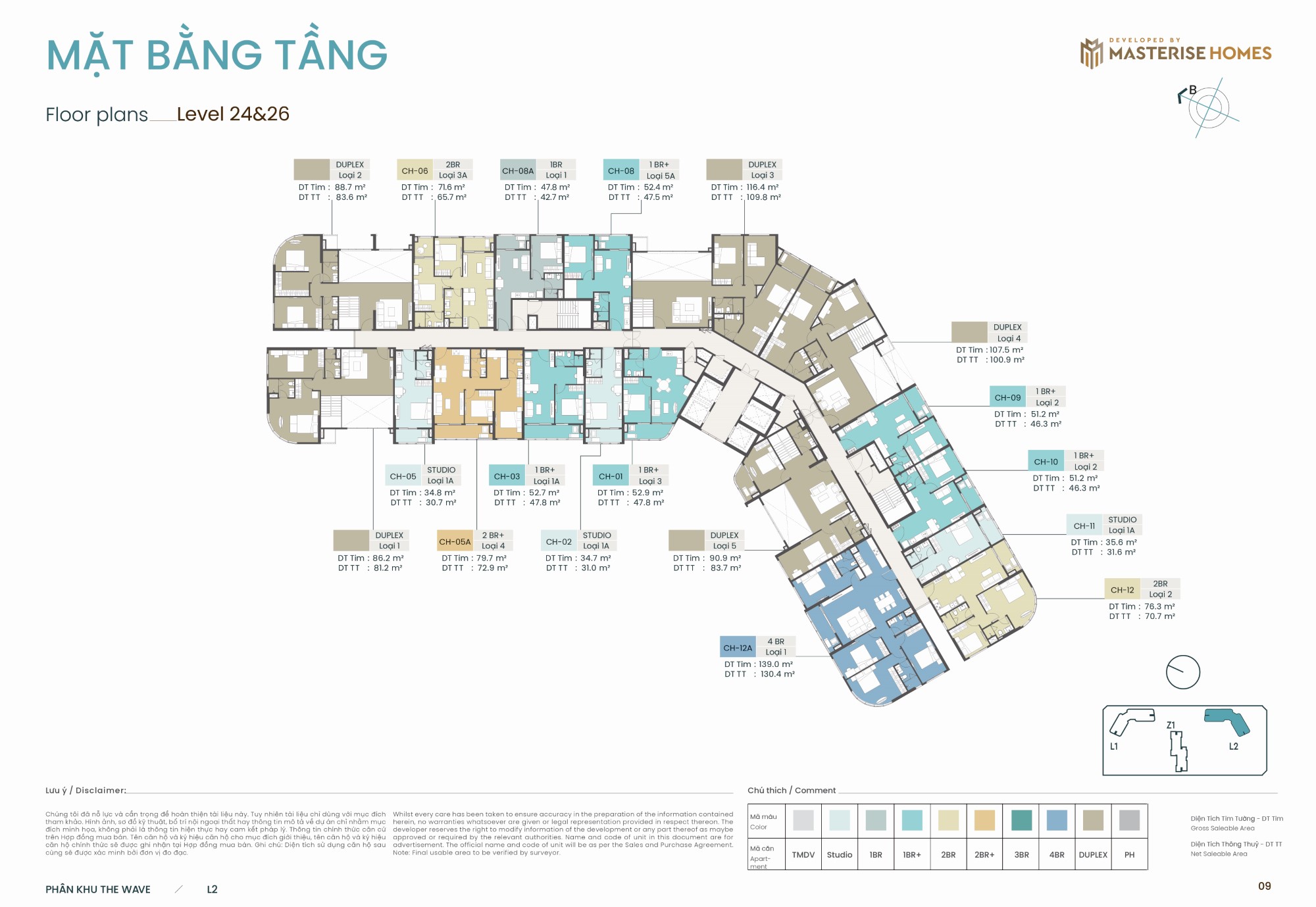 Mặt bằng tầng 24 và 26 toà L2 dự án Masteri Grand Coast - Vinhomes Ocean Park 2