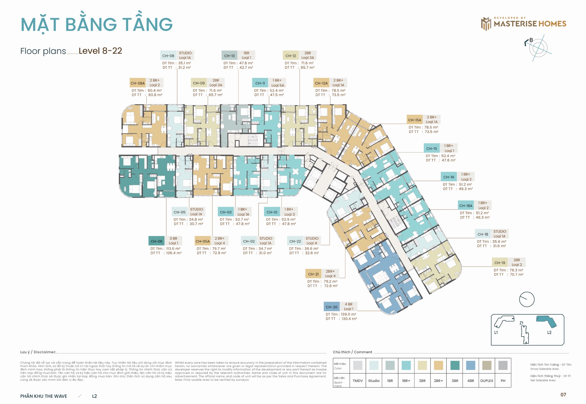 Mặt bằng tầng 8 đến 22 toà L2 dự án Masteri Grand Coast - Vinhomes Ocean Park 2