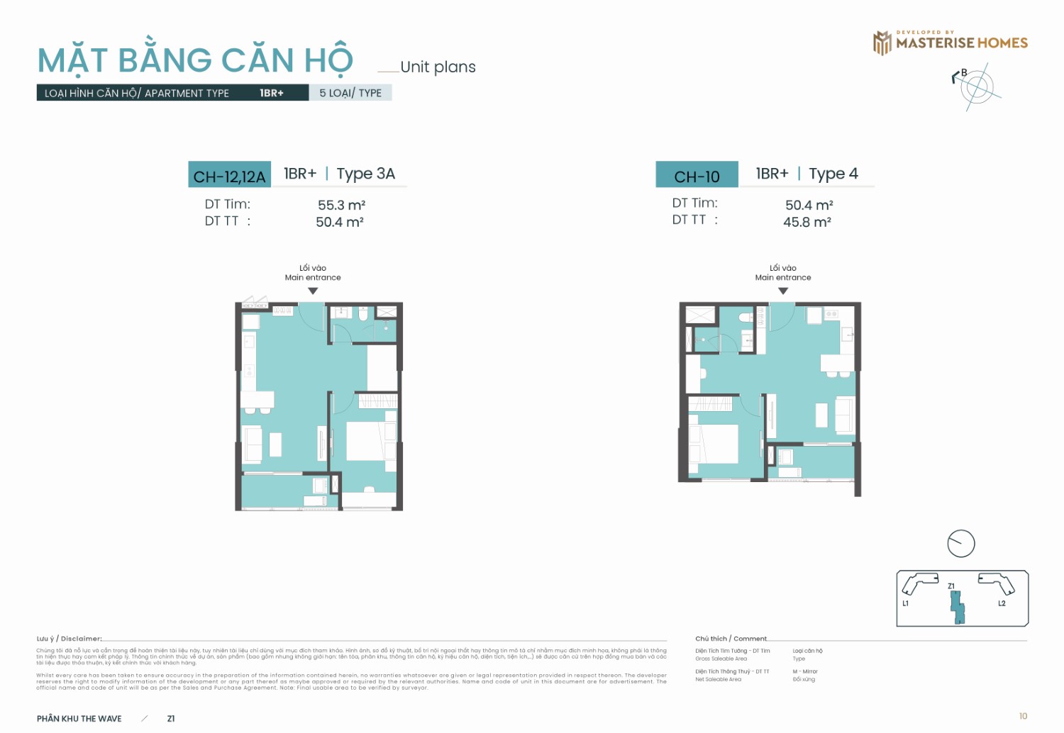 1BR+ | Type 3A và Type 4 – Layout căn hộ tòa Z1 phân khu The Wave Masteri Grand Coast