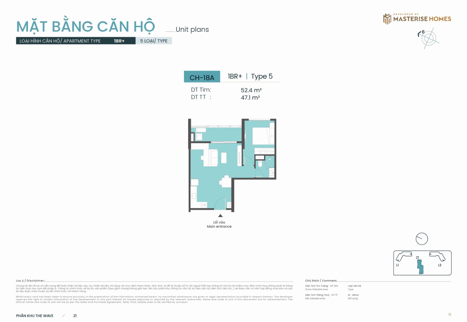 1BR+ | Type 5 – Layout căn hộ tòa Z1 phân khu The Wave Masteri Grand Coast