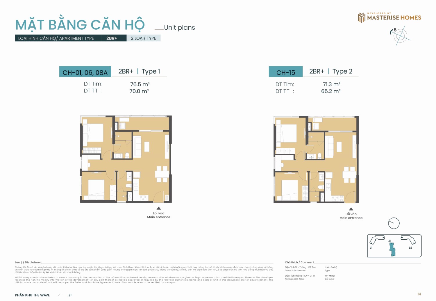 2BR+ | Type 1 và Type 2 – Layout căn hộ tòa Z1 phân khu The Wave Masteri Grand Coast