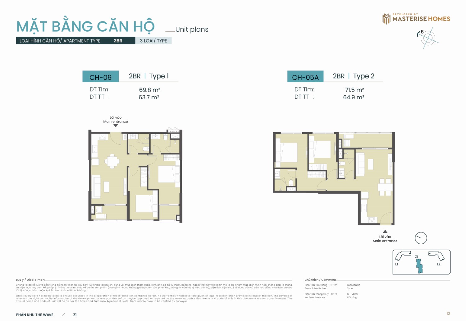 2BR | Type 1 và Type 2 – Layout căn hộ tòa Z1 phân khu The Wave Masteri Grand Coast