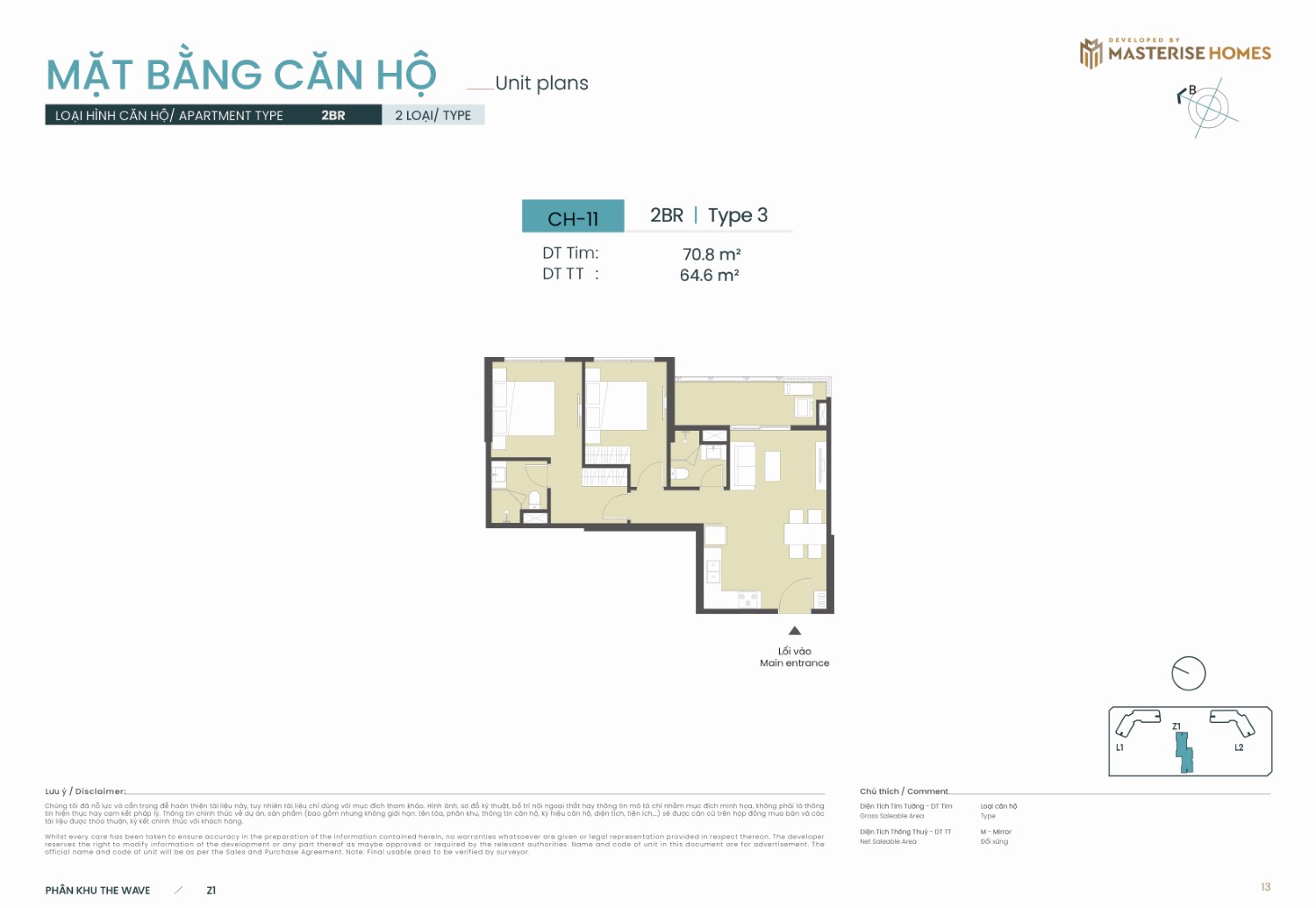 2BR | Type 3 – Layout căn hộ tòa Z1 phân khu The Wave Masteri Grand Coast