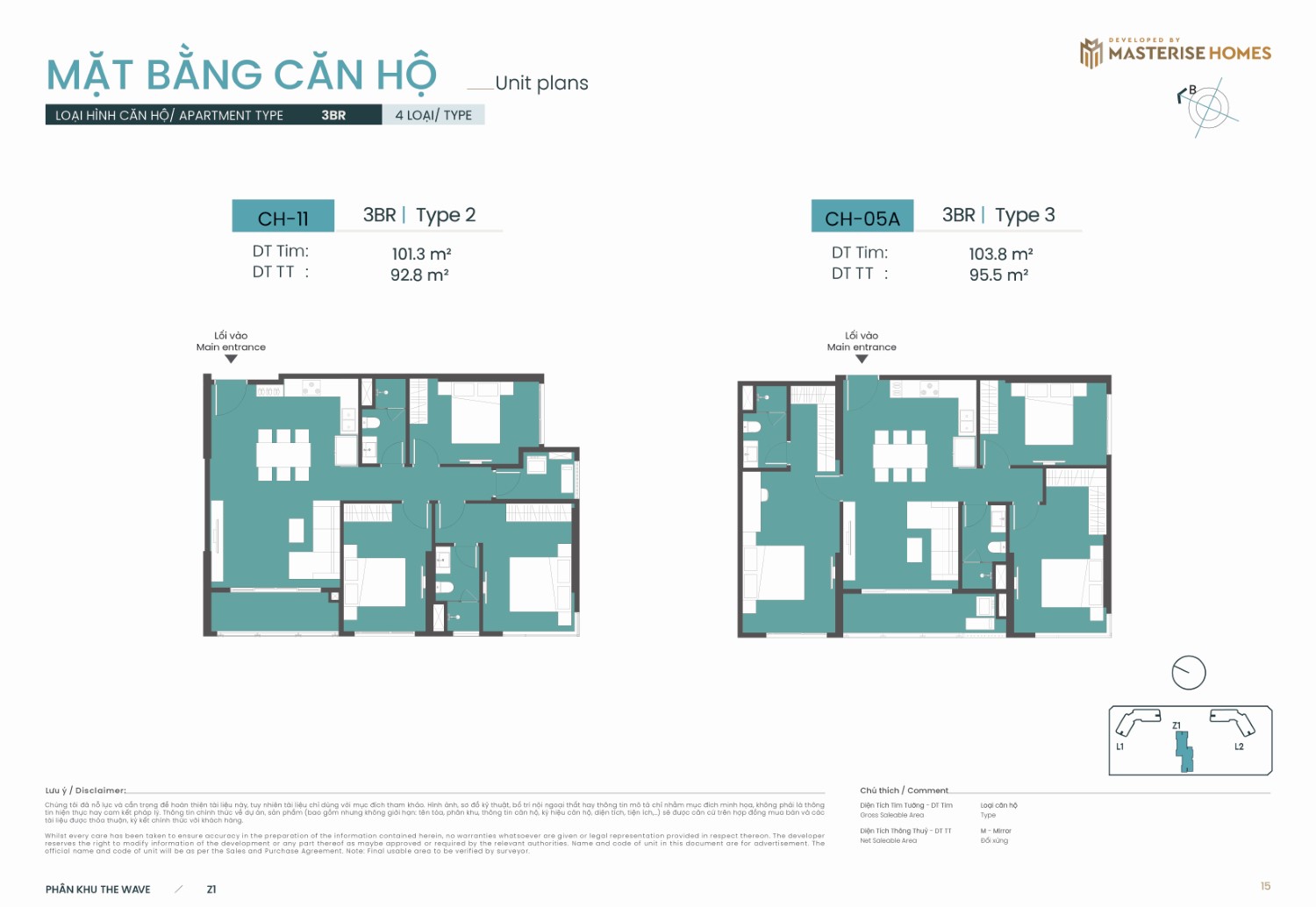 3BR | Type 2 và Type 3 – Layout căn hộ tòa Z1 phân khu The Wave Masteri Grand Coast