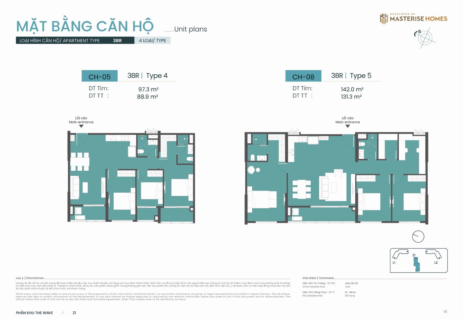 3BR | Type 4 và Type 5 – Layout căn hộ tòa Z1 phân khu The Wave Masteri Grand Coast