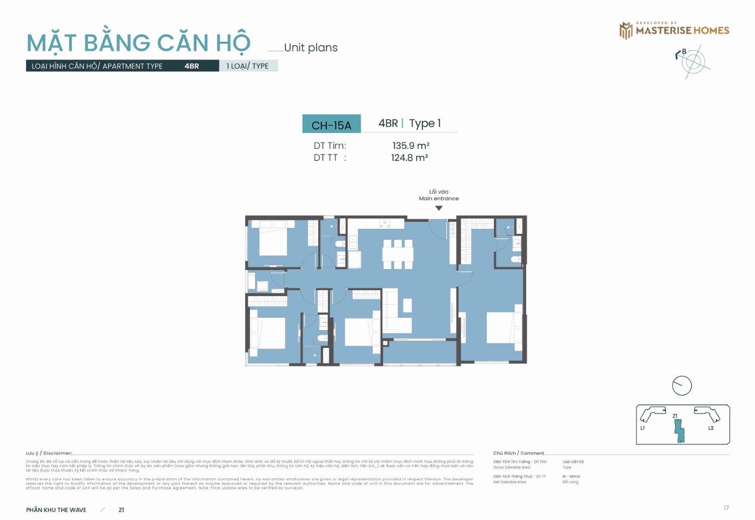 4BR | Type 1 – Layout căn hộ tòa Z1 phân khu The Wave Masteri Grand Coast