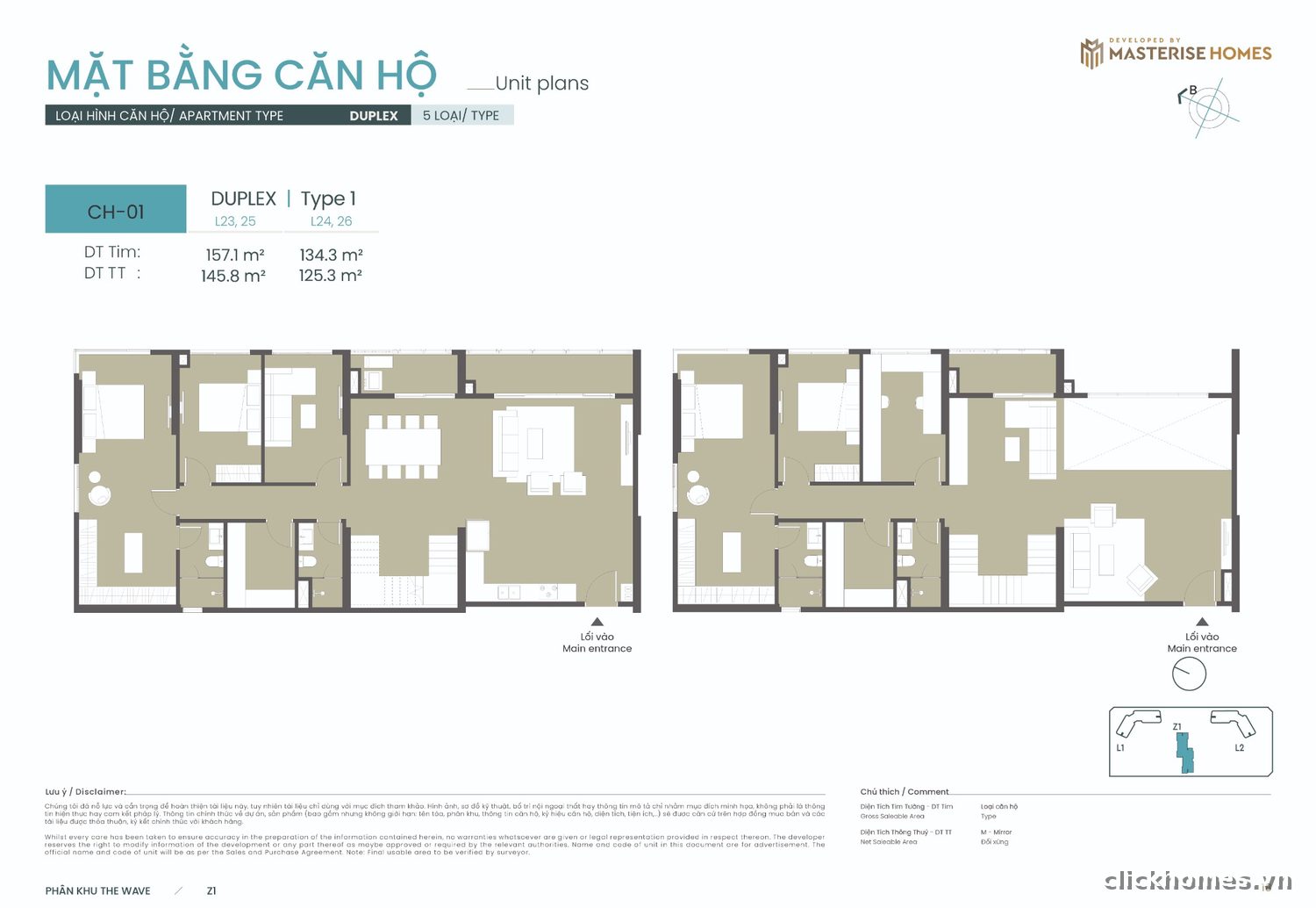 Mặt bằng căn Duplex Type 1 (Duplex | Type 1) tòa Z1 The Wave Masteri Grand Coast - ClickHomes