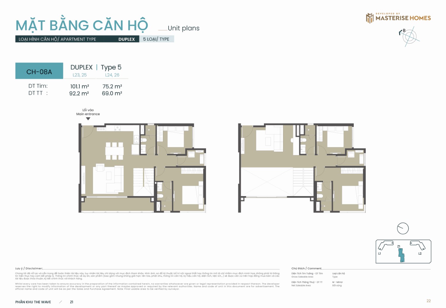 Duplex | Type 5 – Layout căn hộ tòa Z1 phân khu The Wave Masteri Grand Coast