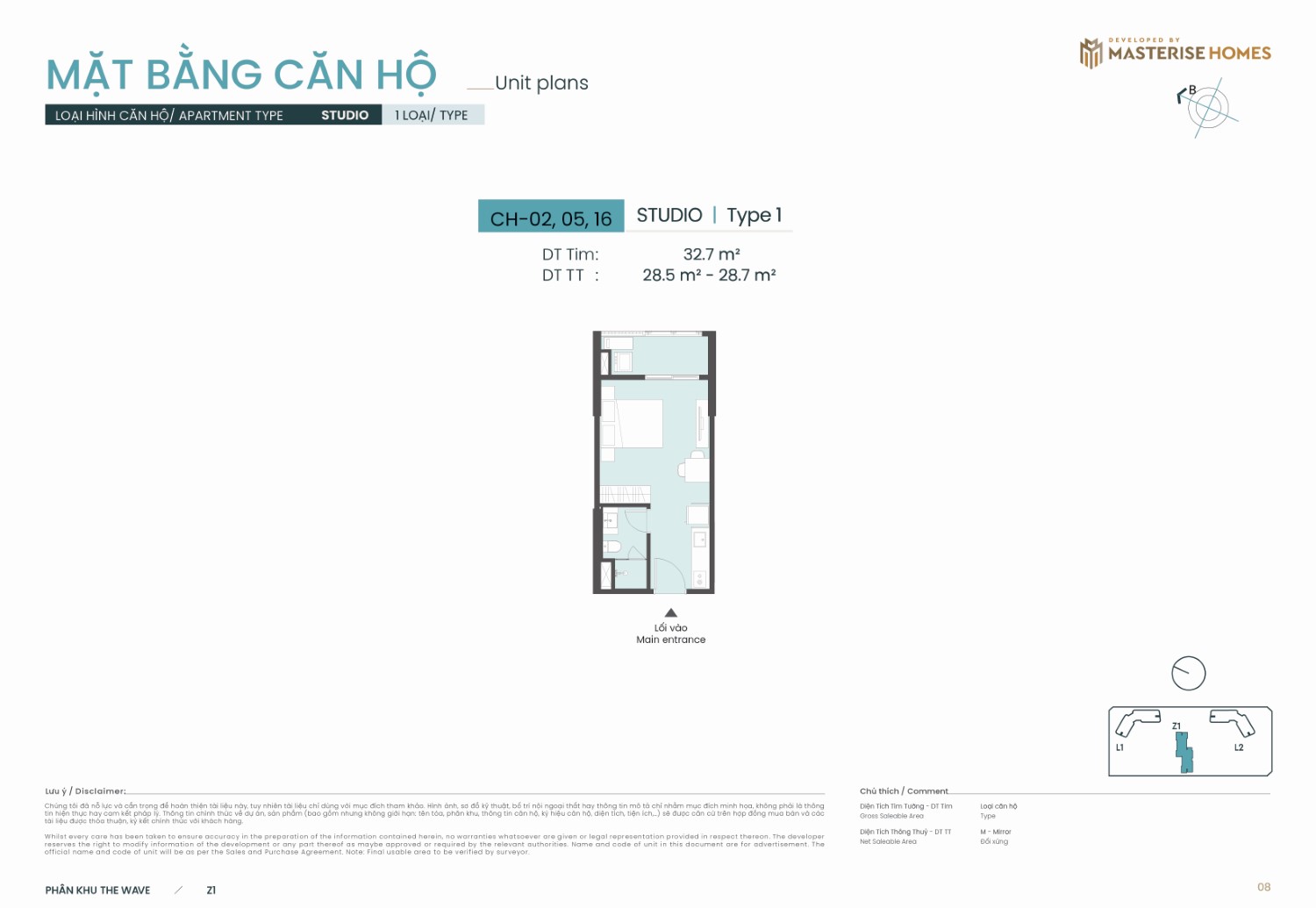 Studio | Type 1 – Layout căn hộ tòa Z1 phân khu The Wave Masteri Grand Coast