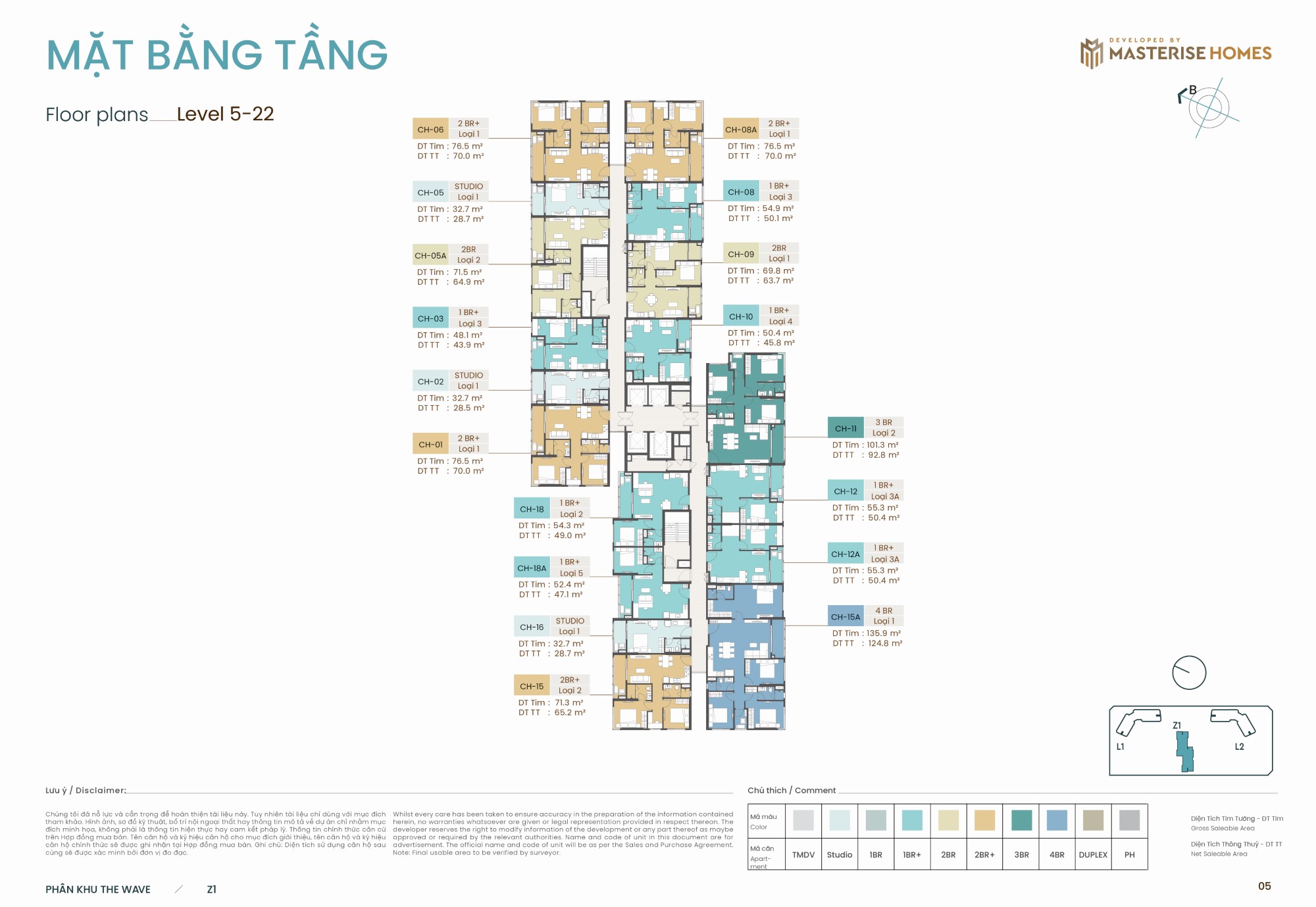 Mặt bằng tầng 5 đến tầng 22 tòa Z1 phân khu The Wave Masteri Grand Coast