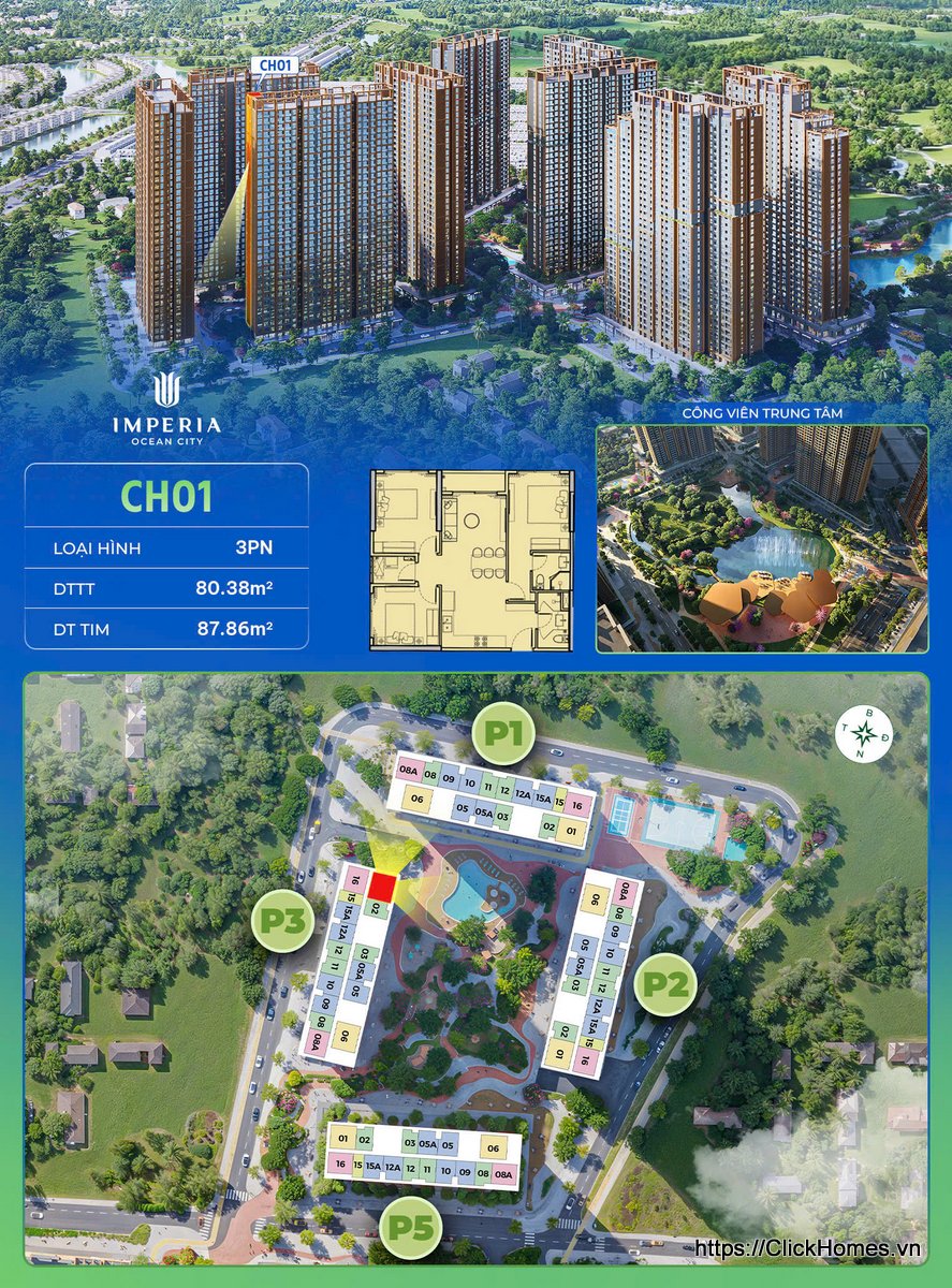 Ảnh chỉ căn trục 01 căn hộ 3PN tòa P3 The Parkland Imperia Ocean City (MIK) Ocean Park 2