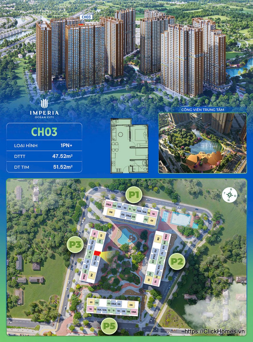 Ảnh chỉ căn trục 03 căn hộ 1PN+ tòa P3 Imperia Ocean City The Parkland (MIK) Ocean Park 2