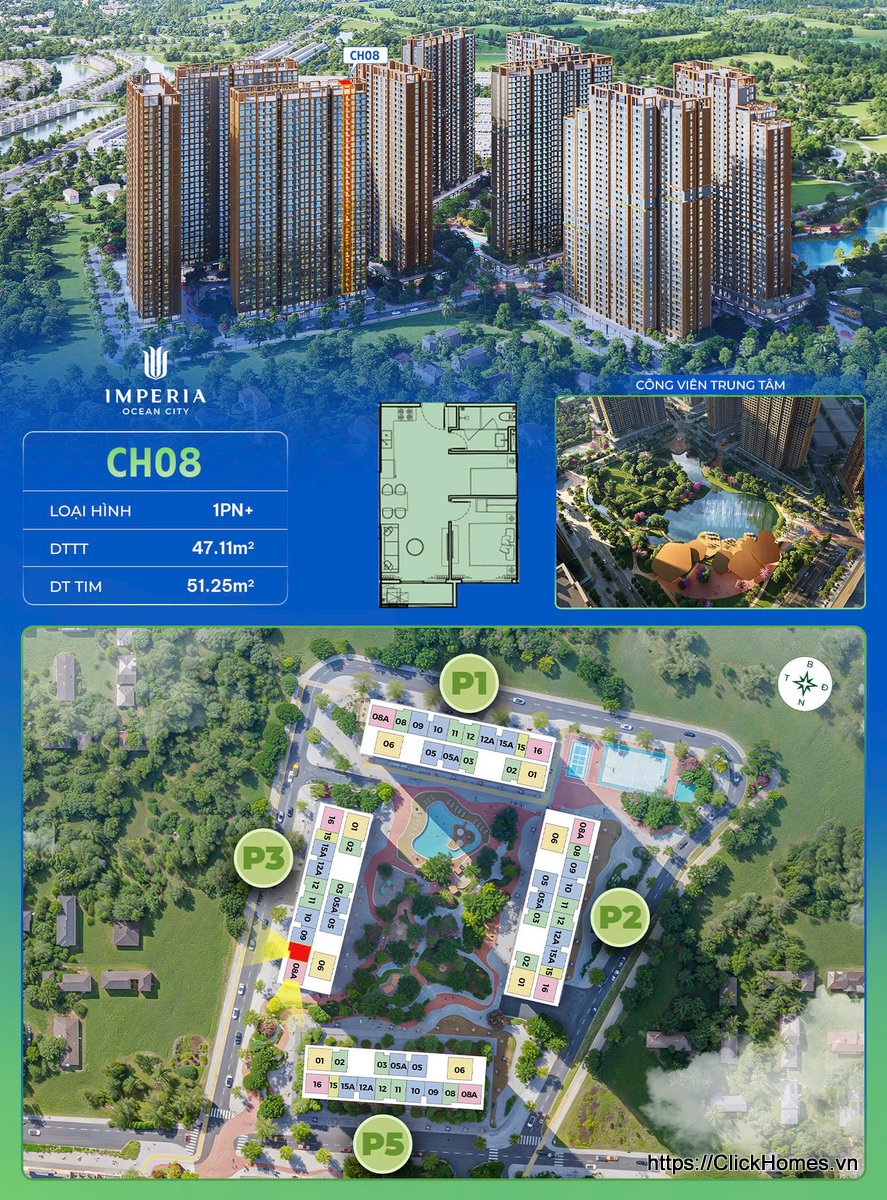 Ảnh chỉ căn trục 08 căn hộ 1PN+ tòa P3 The Parkland Imperia Ocean City (MIK) Ocean Park 2