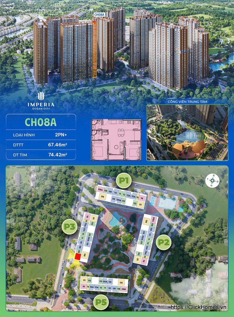 Ảnh chỉ căn trục 08A căn hộ 2PN+ tòa P3 Imperia Ocean City The Parkland (MIK) Ocean Park 2