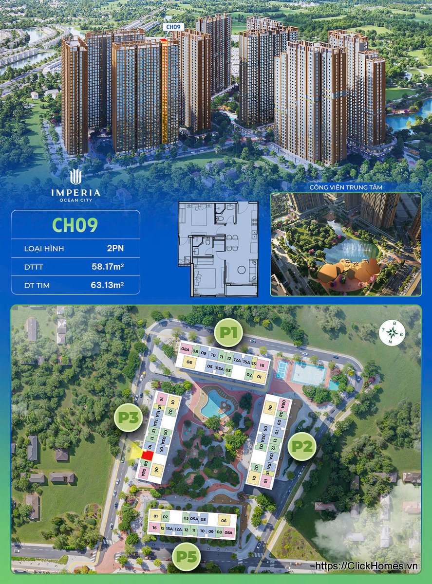 Ảnh chỉ căn trục 09 căn hộ 2PN tòa P3 The Parkland Imperia Ocean City (MIK) Ocean Park 2