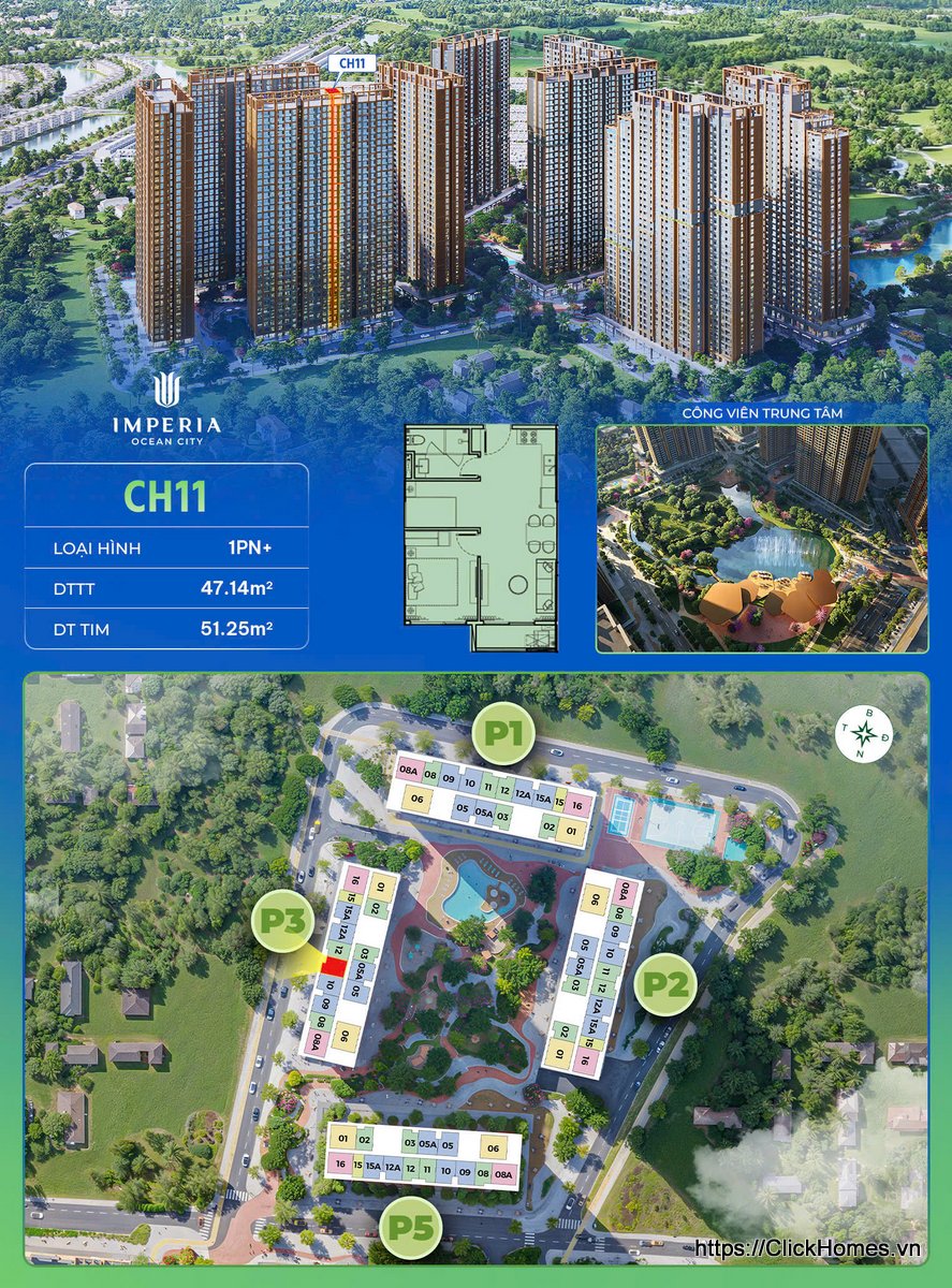 Ảnh chỉ căn trục 11 căn hộ 1PN+ tòa P3 The Parkland Imperia Ocean City (MIK) Ocean Park 2