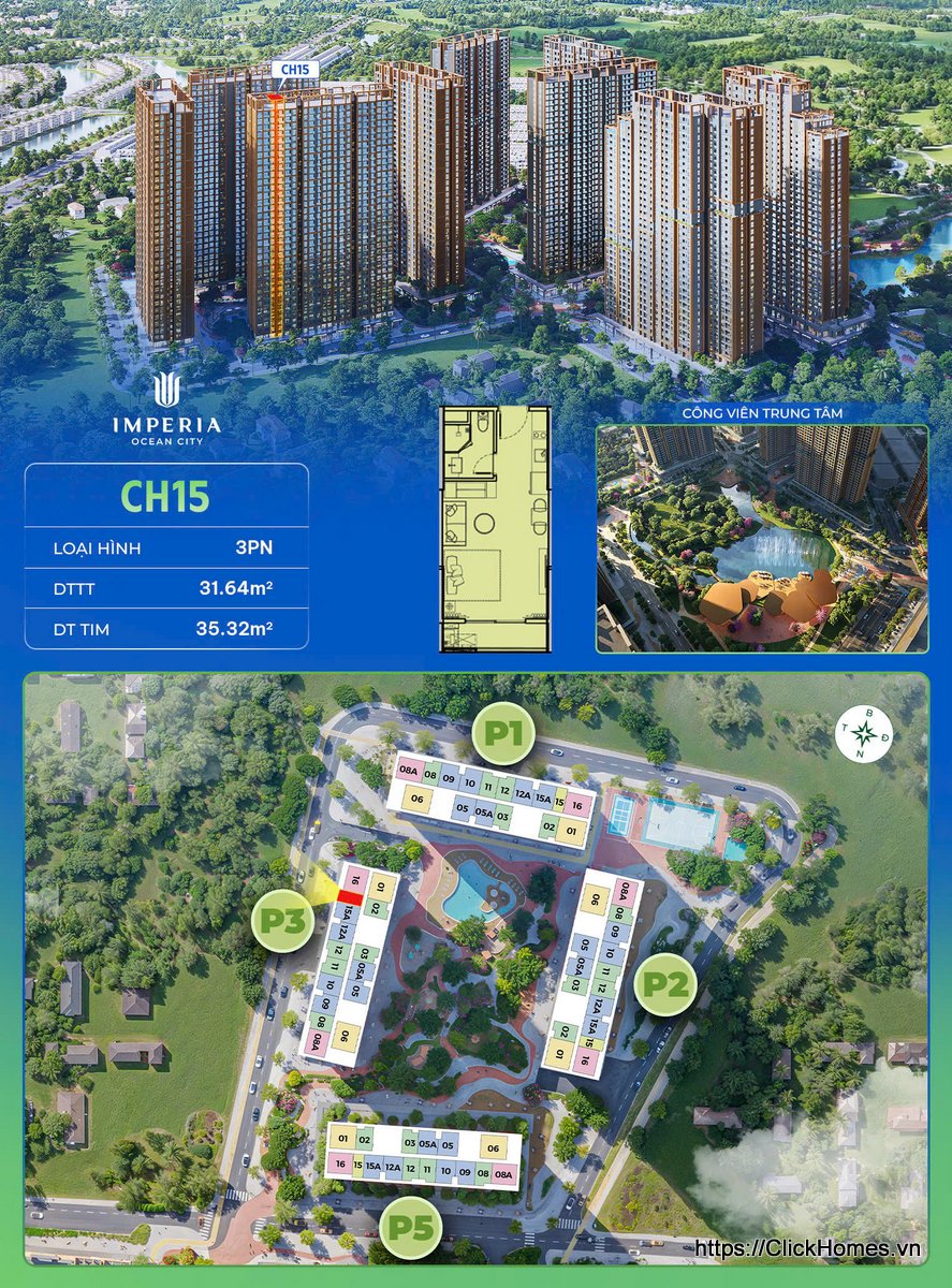 Ảnh chỉ căn trục 15 Studio tòa P3 The Parkland Imperia Ocean City (MIK) Ocean Park 2